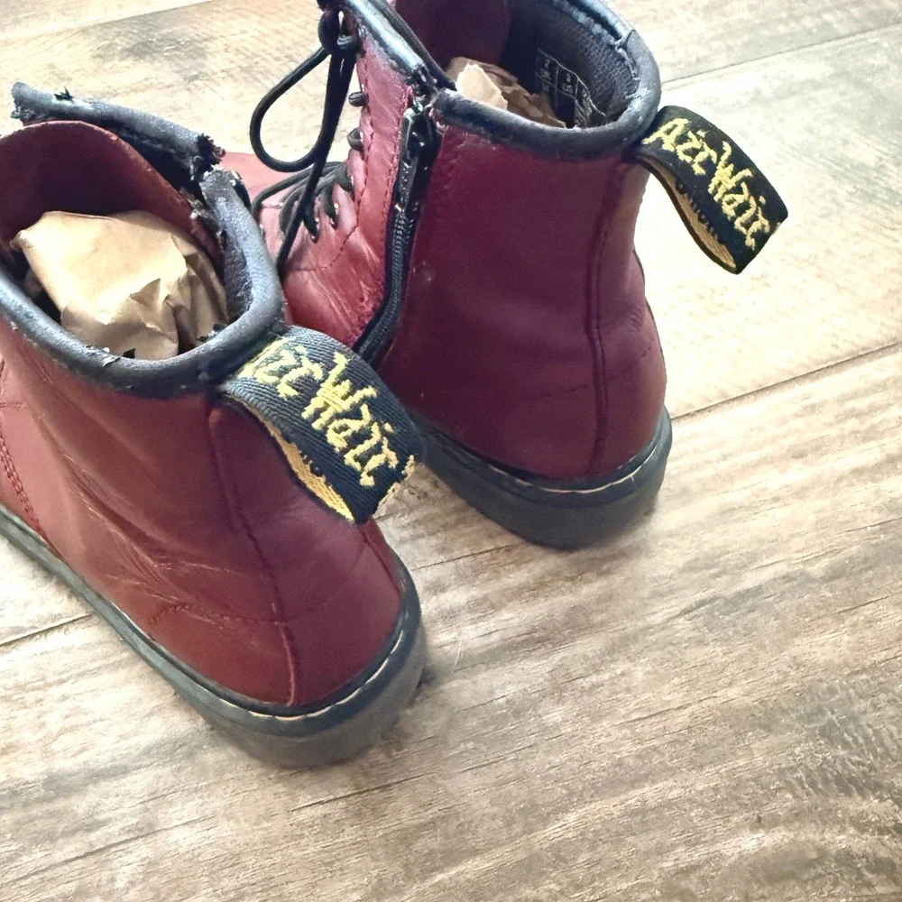 Dr. Martens Kids Delaney Side Zip Leather Combat Boots, Cherry Red, 3